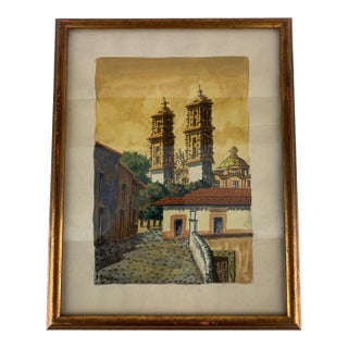 Vintage Original Art Watercolor Landscape Signed Cruz Prisca Church Taxco Mexico For Sale