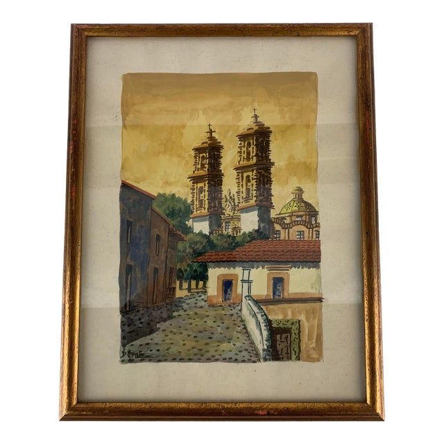 Vintage Original Art Watercolor Landscape Signed Cruz Prisca Church Taxco Mexico For Sale