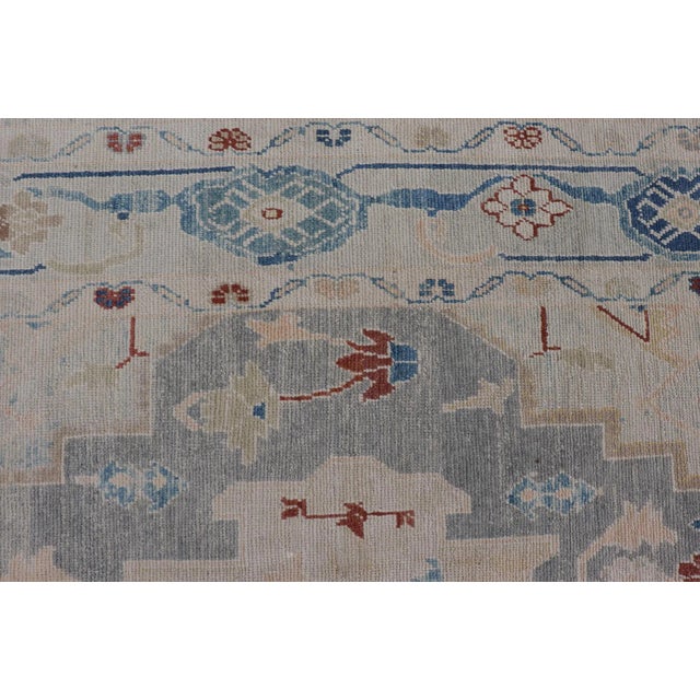 Ivory Modern Oushak Turkish Rug With All Over Design in Light Blue Ivory & Red For Sale - Image 8 of 12