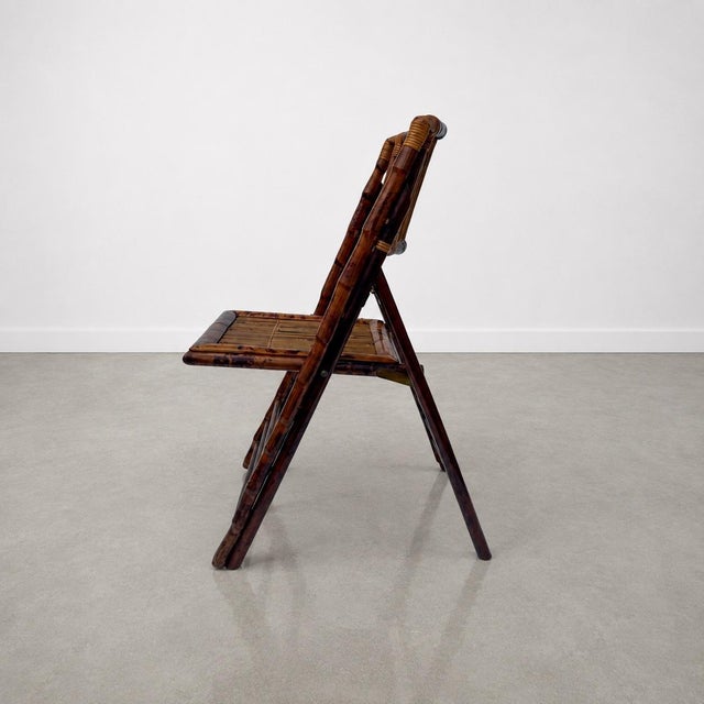 1980s Rustic Tortoiseshell Bamboo Folding Chairs With Side Tables - Set of 8 For Sale - Image 9 of 12