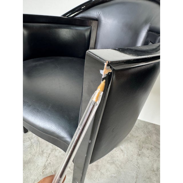 1980’s Italian Art Deco Postmodern Black Lacquer & Leather Club Chairs – Pair/ Sold For Sale - Image 11 of 12