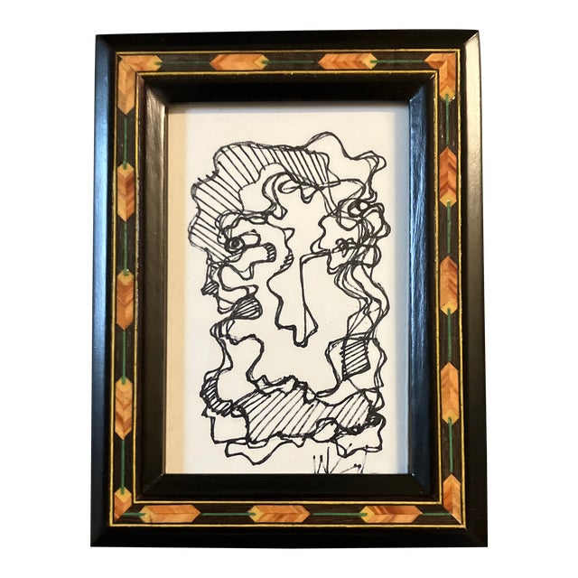 1080’s Original Small Wayne Cunningham Abstract Ink Drawing Tabletop Inlaid Wood Frame For Sale