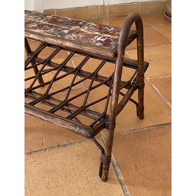 Rattan Magazine Rack with Ceramic Tile Shelf, 1970s For Sale - Image 4 of 18