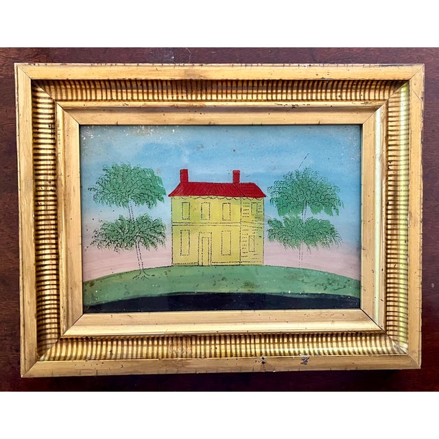 Antique 19th Century American Folk Art Primitive Eglomise Reverse Painting on Glass of a Federal House in a Landscape For Sale In New York - Image 6 of 8