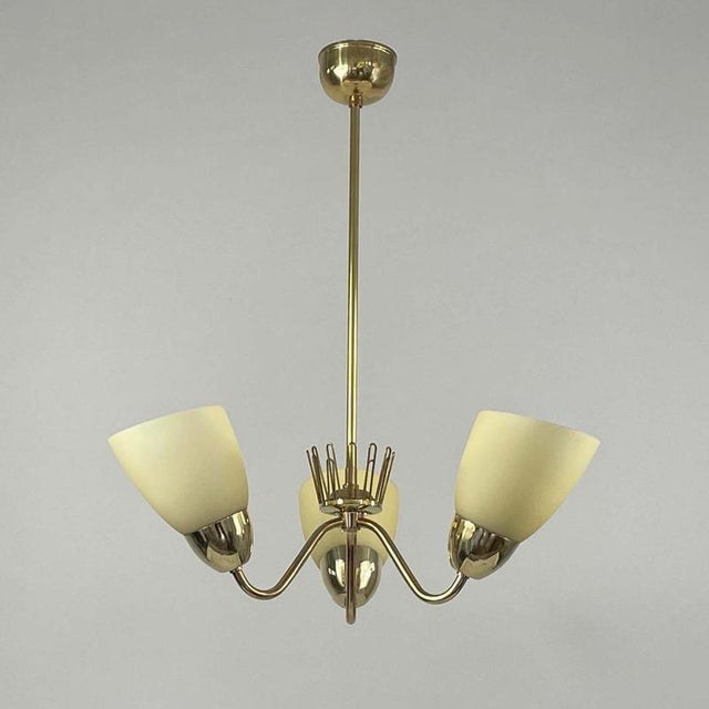 Brass & Opaline Glass 3-Arm Chandelier attributed to Hans Bergström for Asea, Sweden, 1950s For Sale - Image 13 of 17