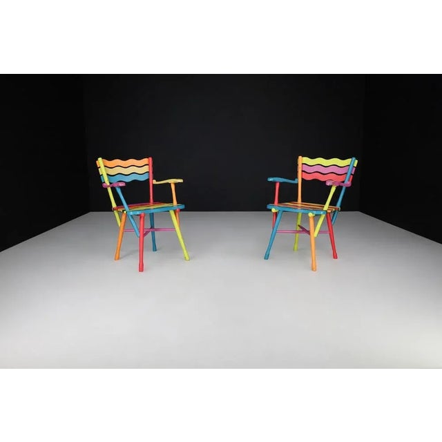 Blue Mid-Century French Folk Art Painted Beechwood Chairs, France, 1960s, Set of 2 For Sale - Image 8 of 9