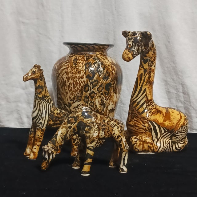 Hollywood Regency ​Vintage La Vie 4-Piece Safari Print Ceramic Ensemble – Vase & Giraffe Trio For Sale - Image 3 of 11
