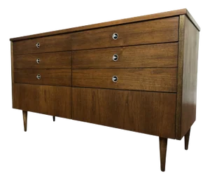 1960s Mid Century Modern Danish Dresser by Bassett Walnut 6 Drawer Danish