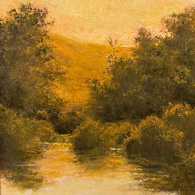 The Last Sunset by Shawn Krueger | Oil on Panel Landscape with trees and water at sunset For Sale - Image 4 of 4