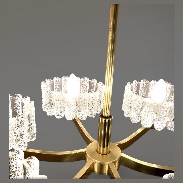 1960s Large Mid-Century Scandinavian Chandelier with Six Thick Ice Glasses attributed by Carl Fagerlund for Orrefors, Sweden, 1960s For Sale - Image 5 of 14