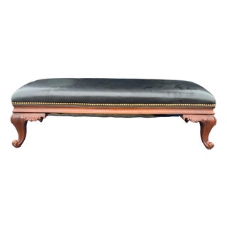 Vintage Hancock & Moore Carved Mahogany & Black Leather Foot Stool Bench For Sale