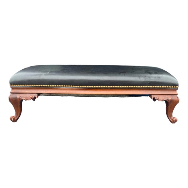 Vintage Hancock & Moore Carved Mahogany & Black Leather Foot Stool Bench For Sale