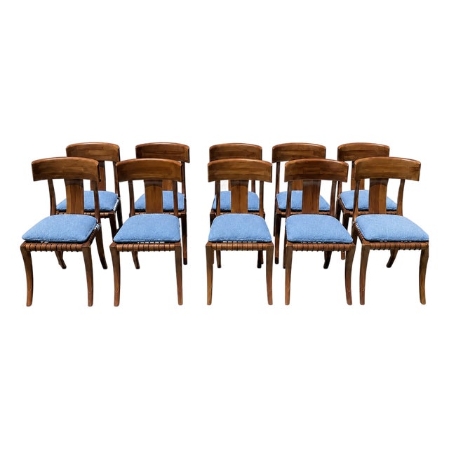 1980s Vintage Klismos Style Solid Walnut Dining Chairs - Set of 10 For Sale