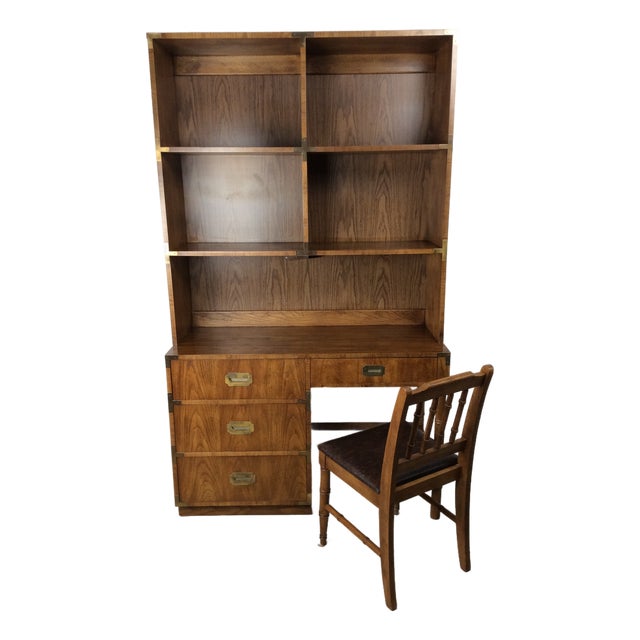 Mid Century Campaign Style Writing Desk With Shelving Unit For Sale