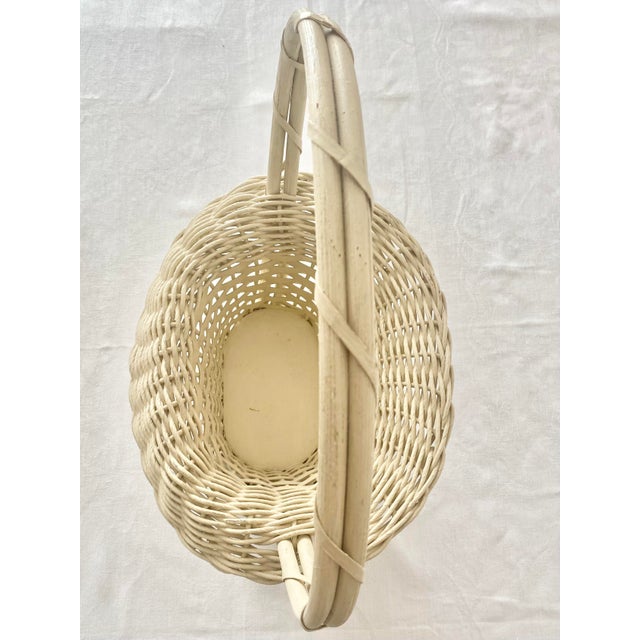 Hand Woven Vintage Uniquely Shaped Basket With Wood Bottom and Handle. For Sale - Image 9 of 14