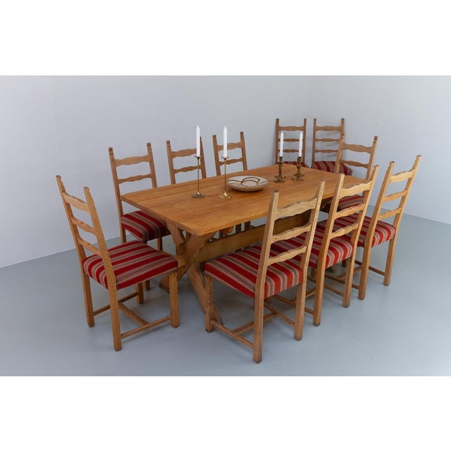 Vintage Danish Brutalist Ladder Back Oak Dining Chairs attributed to Henning Kjærnulf, 1960s, Set of 10 For Sale - Image 18 of 18