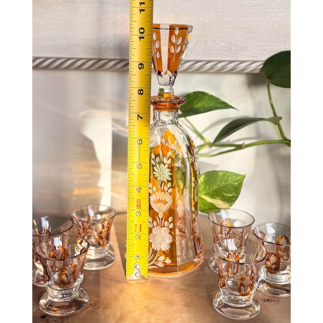 Vintage Art Deco Amber Cut Floral Etched Crystal Decanter Set With 6 Glasses - 7 pcs For Sale - Image 4 of 12