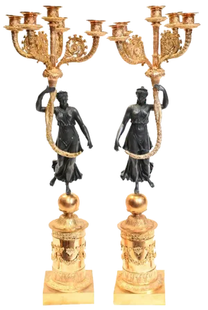 French Regency Classical Gilt Bronze Candleholders Maiden, Set of 2