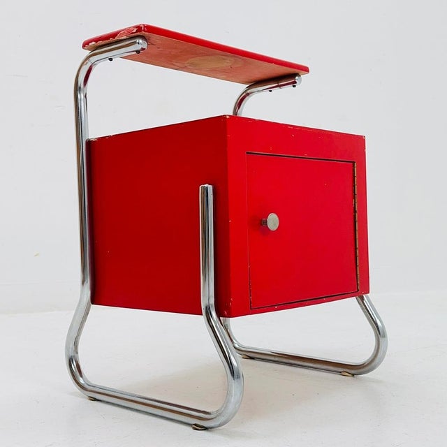 Bauhaus Nightstand with Shelf in Red, 1970s For Sale - Image 9 of 11
