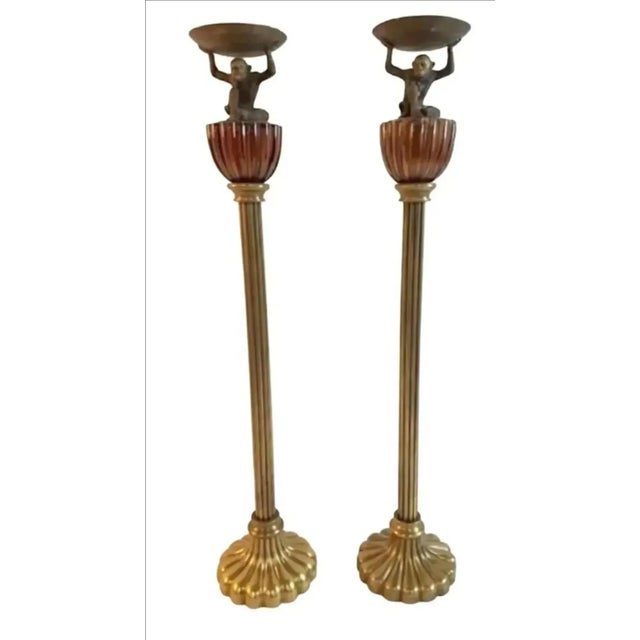 Brass Vintage Ornate Tall Fluted Scalloped Brass Candle Torchières With Monkey - A Pair For Sale - Image 8 of 8