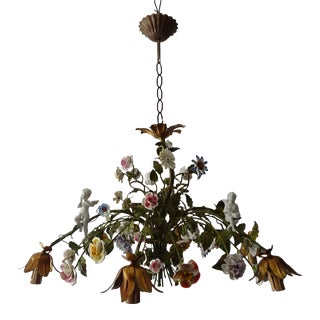 Huge Italian Tole Porcelain Flowers & Cherubs Polychrome Chandelier, Circa 1870 For Sale