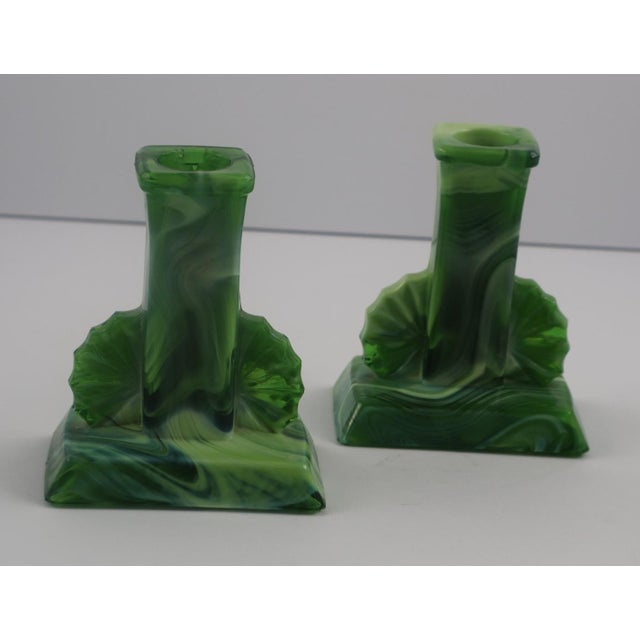 Art Deco Green Slag Glass Vanity Set – 7 Piece Dresser Set With Tray, Candlesticks & Ring Holder For Sale - Image 4 of 16