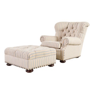 Ralph Lauren Writer’s Chair and Ottoman in Amelot Linen For Sale
