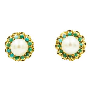 Corletto Italy Cultured Pearl and Turquoise Flower Yellow Gold Button Earrings - 2 Pieces