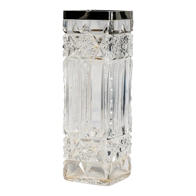 Elegant Edwardian Style Vintage Cut Crystal Rectangular Vase With Sterling Silver Luxury Home Decor For Sale