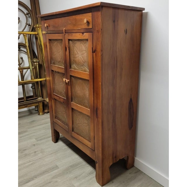 Wood Vintage Country Pine Pie Safe Cabinet With Pierced Metal Panels For Sale - Image 7 of 10