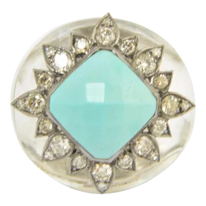 Modern Rock Crystal Turquoise Diamond Sterling Statement Ring size 7