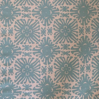 Quadrille Aqua Sigourney Printed Cotton Linen Fabric -1 1/3 Yards For Sale
