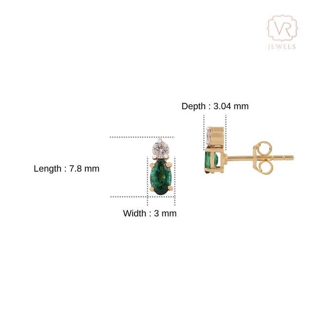 Asian Modern Emerald & Diamond Oval Stud Earrings in 14k Yellow Gold- A Pair For Sale - Image 10 of 14