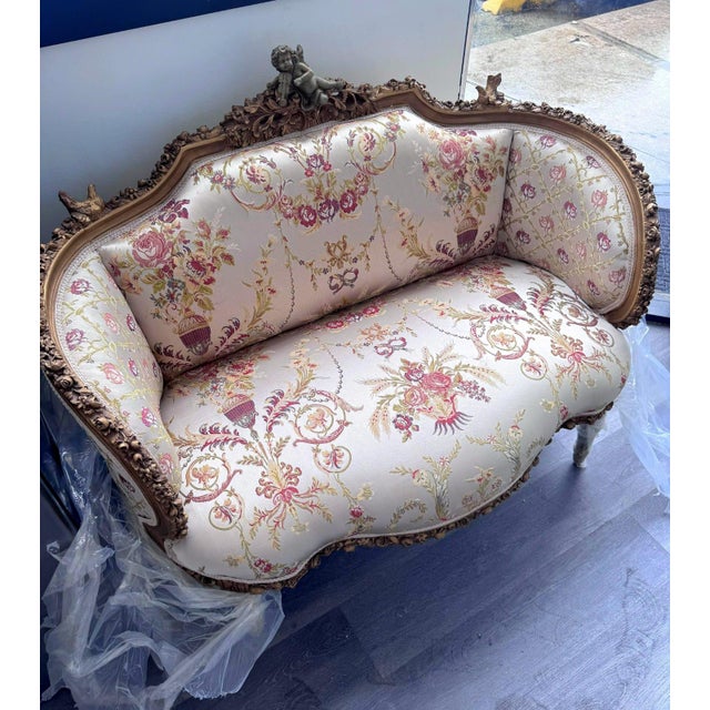 Textile 1990s French Baroque Style Beige Sofa – Gold Leaf Details For Sale - Image 7 of 14