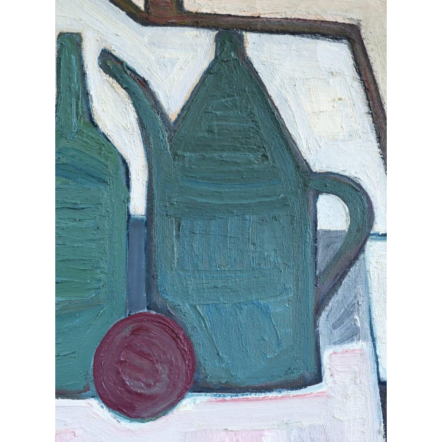 Mid-Century Modern 'Green Vessels & House Form' Abstract Still Life Oil Painting by Swedish Artist Max Gregor Carlsson (1914-1996), Framed For Sale - Image 13 of 14