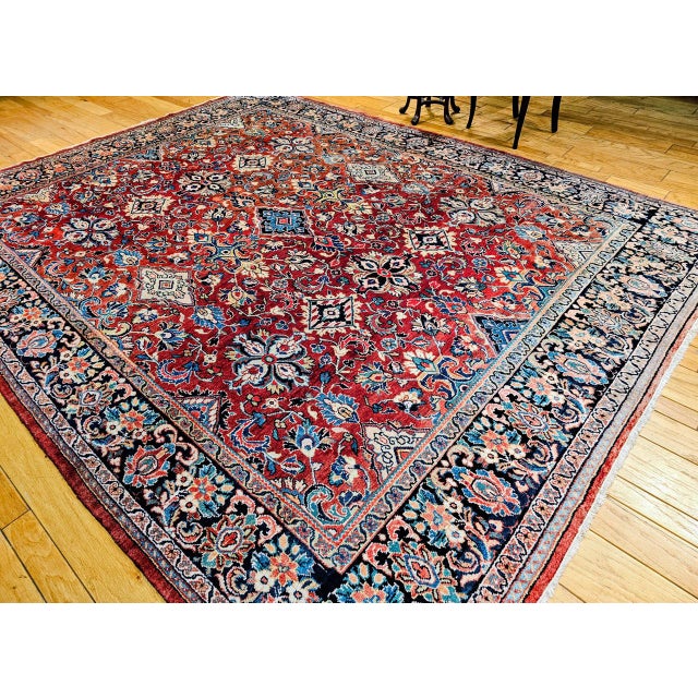 Textile Vintage Persian Mahal Sultanabad Rug, Hand-Knotted Wool, Geometric Pattern, Red & Blue, 9x13 For Sale - Image 7 of 16