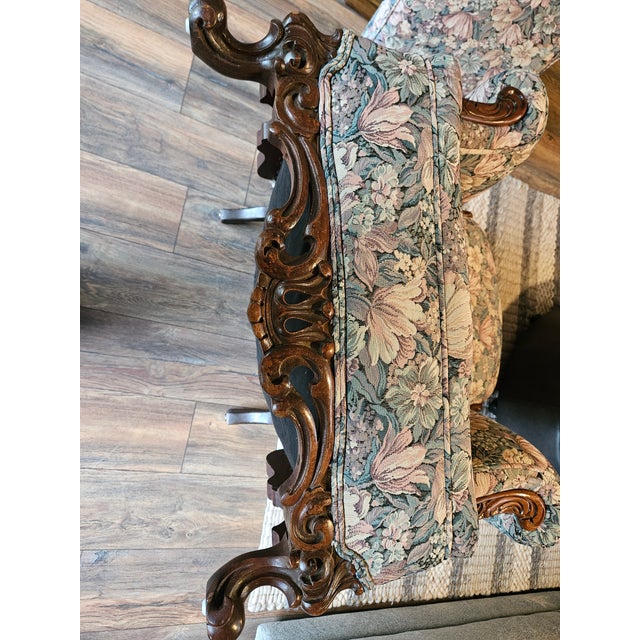 French Antique Florencia Sofa, Dark Cherry Wood Sculpted Legs & Apron Front For Sale - Image 3 of 5