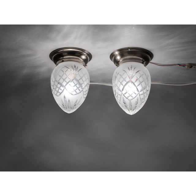 1950s Nickel-Plated Brass Acorn Flush Mounts – Hand-Cut Crystal Shades - a Pair For Sale - Image 9 of 9