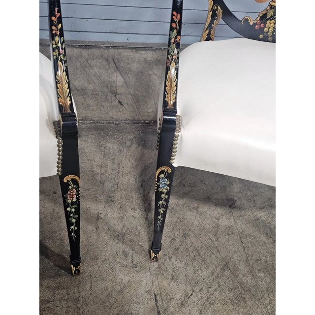 Black Late 20th Century Pair of Karges Hepplewhite Plum Arm Chairs Ebonized, Carved Hand Painted Leather Fabric For Sale - Image 8 of 11