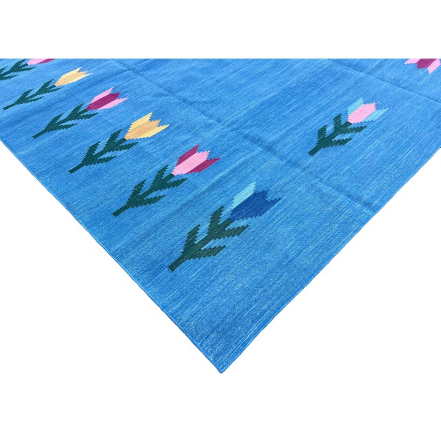 Handmade Cotton Rug, Natural Vegetable Dyed Sky Blue Leaf Pattern Rug Dhurrie - 8'x8' For Sale - Image 6 of 11