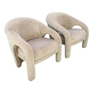 Postmodern Sculpted Tan Velvet Lounge Chairs - A Pair For Sale