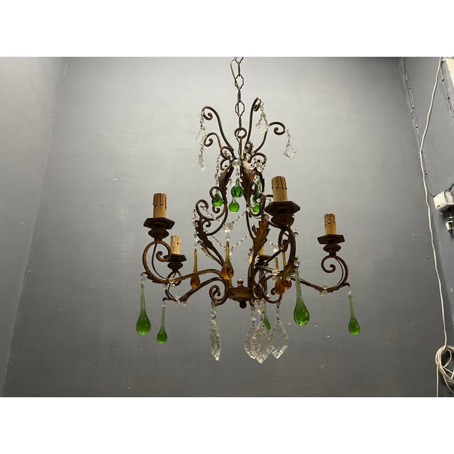 Silver Italian 5-Light Tole Chandelier with Green and Amber Murano Glass Drops, 1950s For Sale - Image 8 of 16
