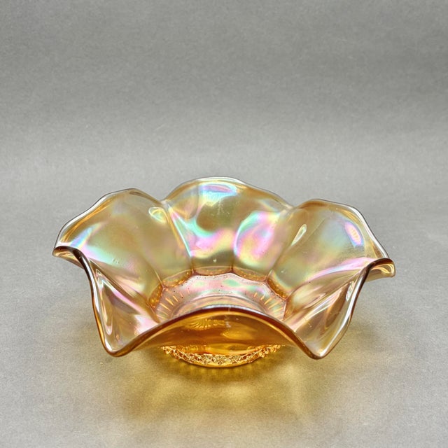1920s Antique Imperial Glass “Optic Flute” Marigold Carnival Glass Ruffled Bowl For Sale - Image 5 of 7