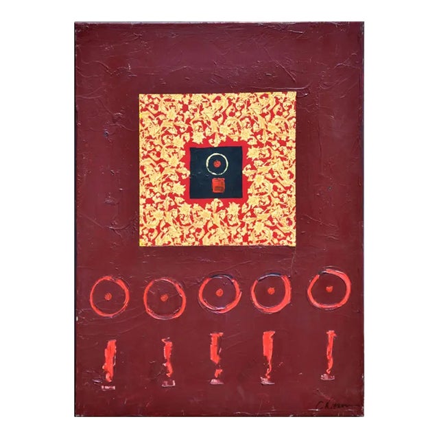Red Circle and Line Abstract Oil on Canvas by Christine Donovan For Sale