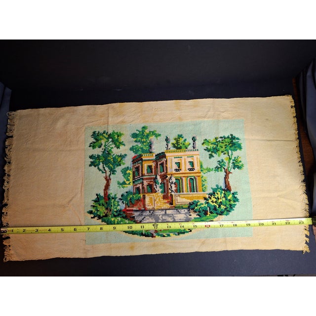 Vintage Mid Century Cross Stitch Needlepoint European Villa Estate Textile Art For Sale - Image 16 of 16