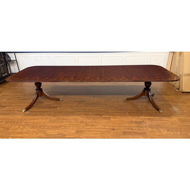 Traditional Traditional Multi-Banded Double Pedestal Mahogany Dining Table by Leighton Hall - Showroom Sample For Sale - Image 3 of 18