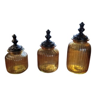 Vintage Artland Amber Ribbed Glass Canisters, Featuring Pewter Gothic-Style "Pineapple" Floral Finial Lids For Sale