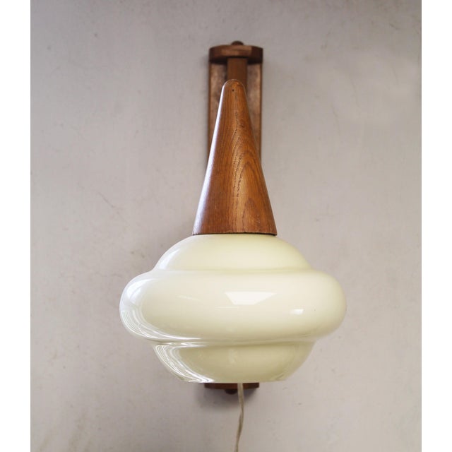 Mid-Century Wooden and Opaline Glass Wall Light, Czechoslovakia, 1960s For Sale - Image 6 of 11