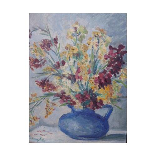 Fine 1920s Impressionist Floral Still Life Oil Painting, Flowers in a Blue Jug Material: Oil on Board, Giltwood A charming...