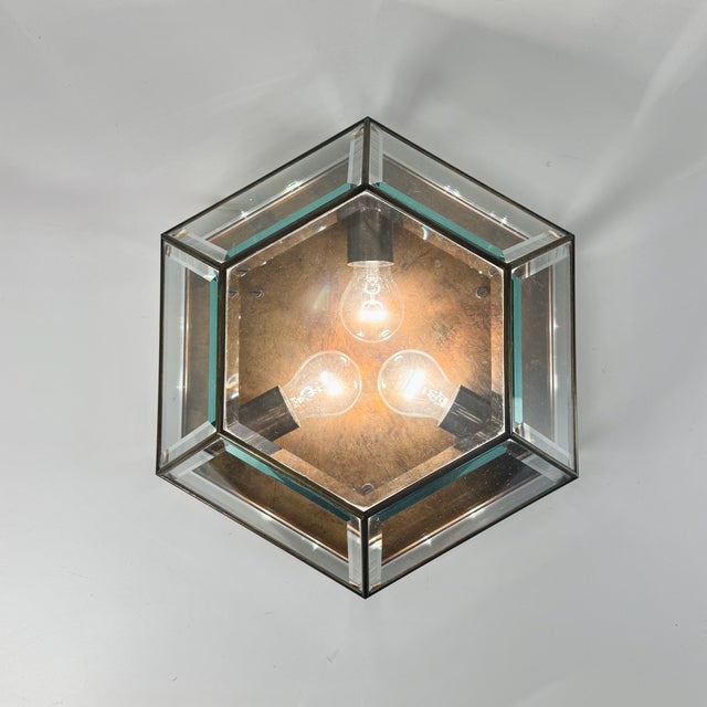 Large Beveled Cut Glass and Bronze Flush Mount, 1890s For Sale - Image 6 of 7